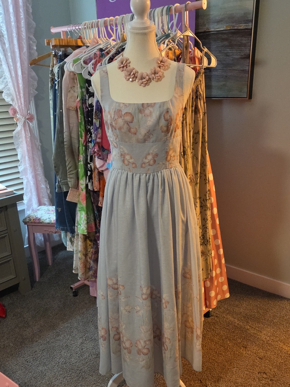 Square-Neck Maxi Dress in Light Blue with Blush Floral Accents
